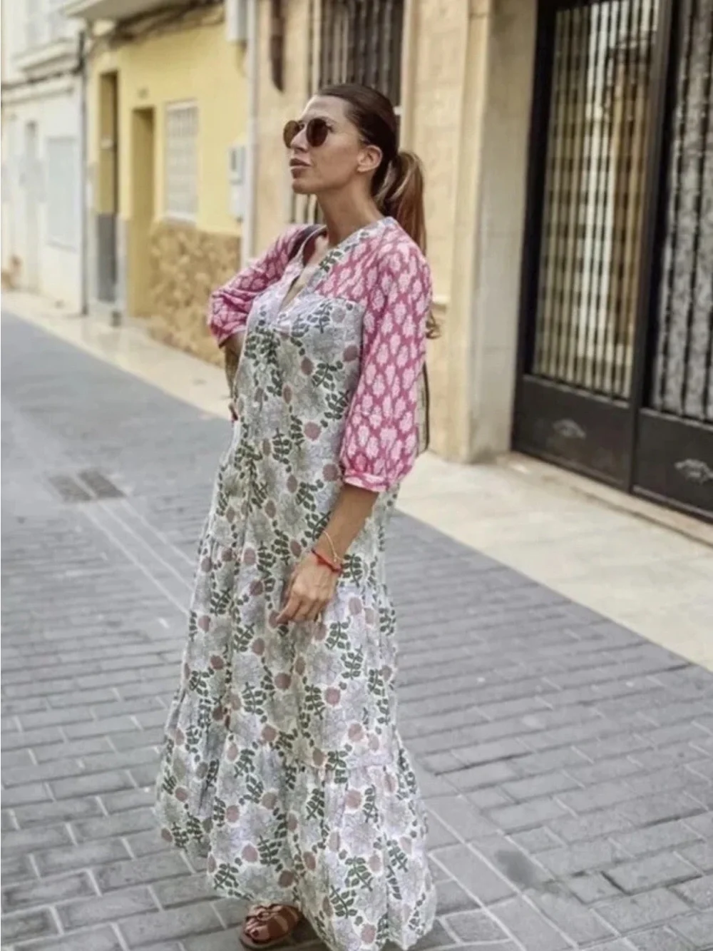 Zara Block Printed Floral Pink Ecru Midi Dress M
